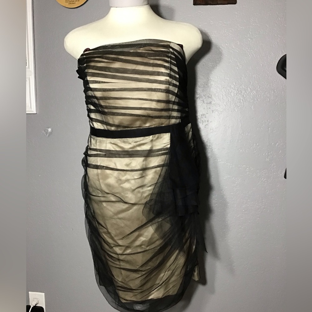 David’s Bridal Black Tulle On Beige Lined Off Shoulder Dress Strapless Size 16